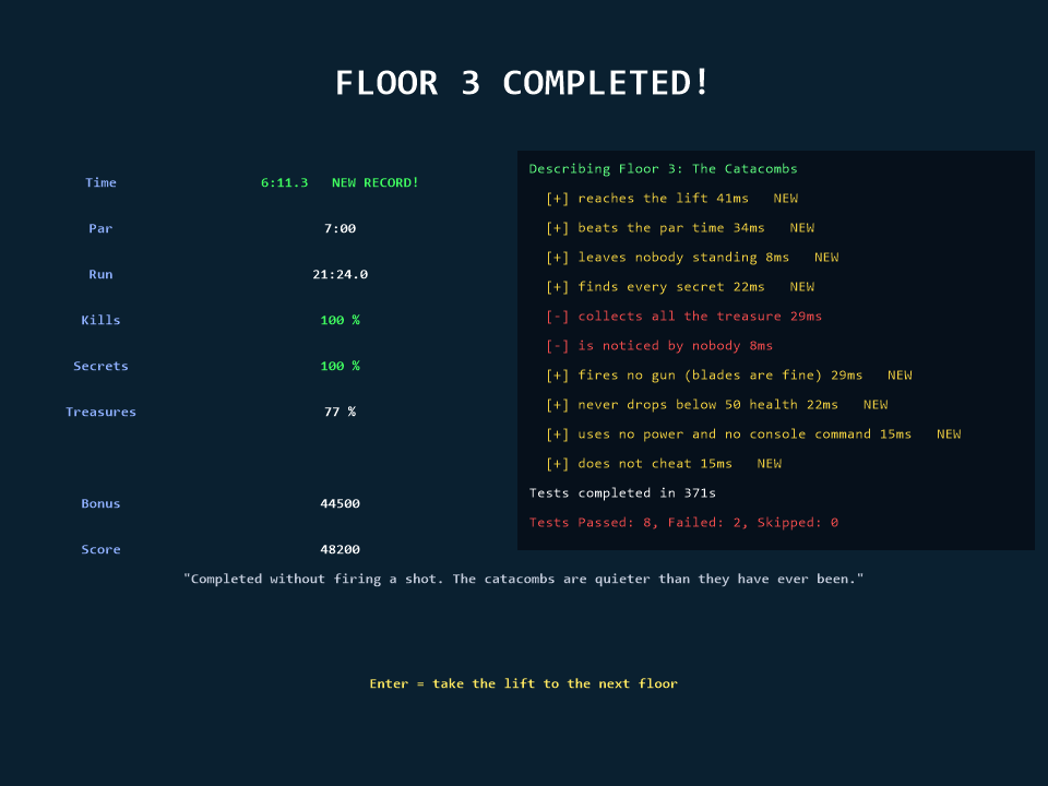 The report at the end of a floor, in the style of a Pester test run
