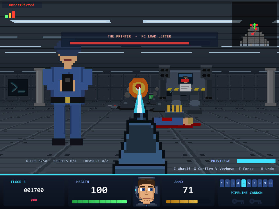 Actual POLF 3D gameplay: the Pipeline Cannon faces a guard and The Printer boss