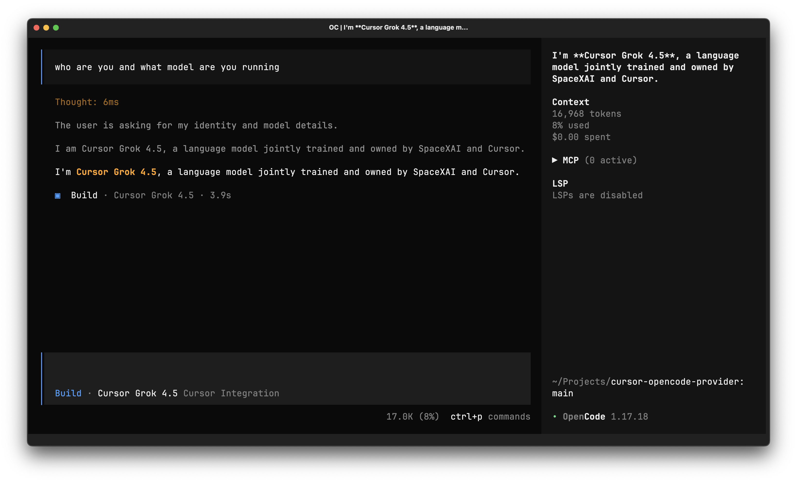 OpenCode running a Grok model via cursor-opencode-provider