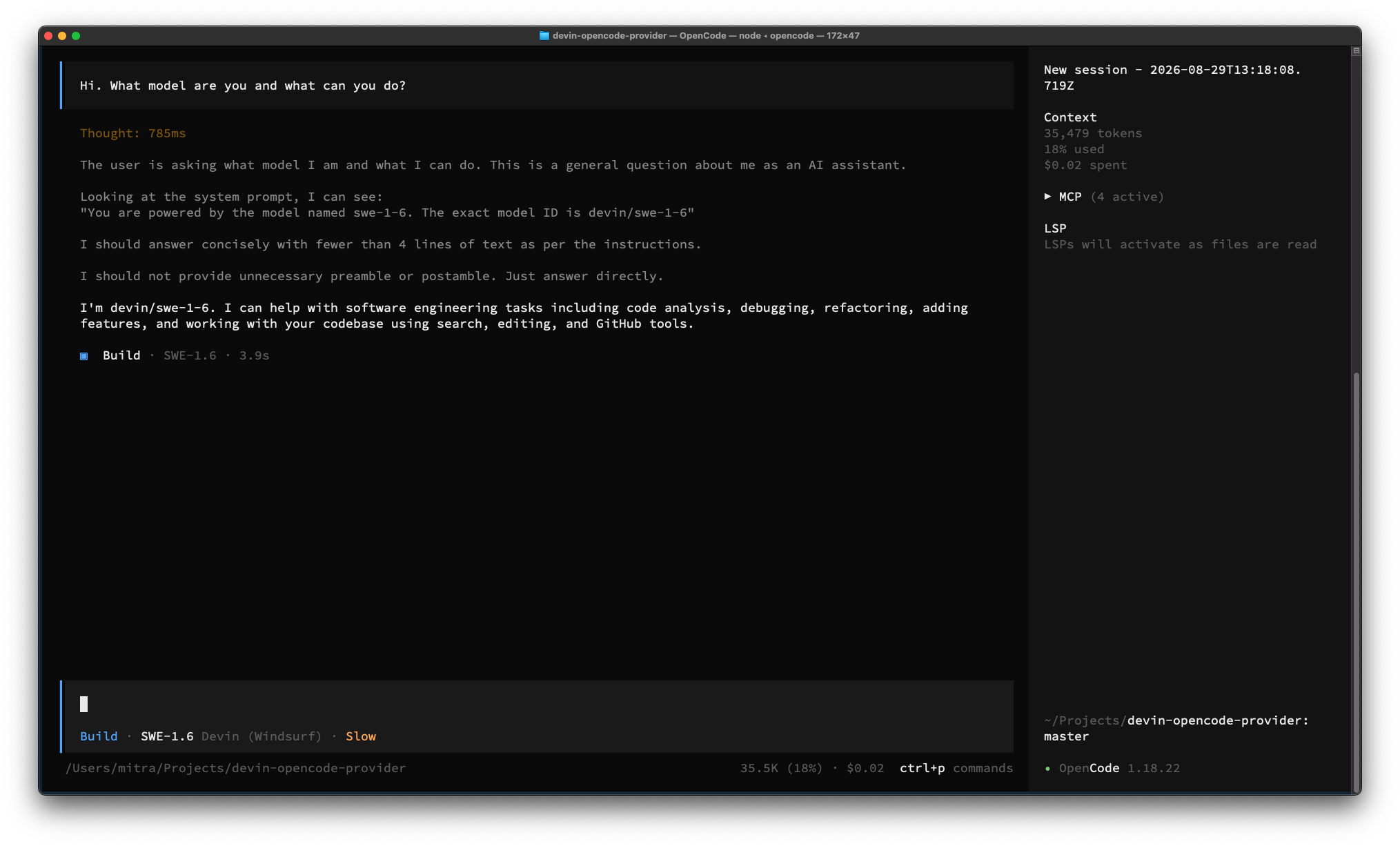 OpenCode running a model via devin-opencode-provider