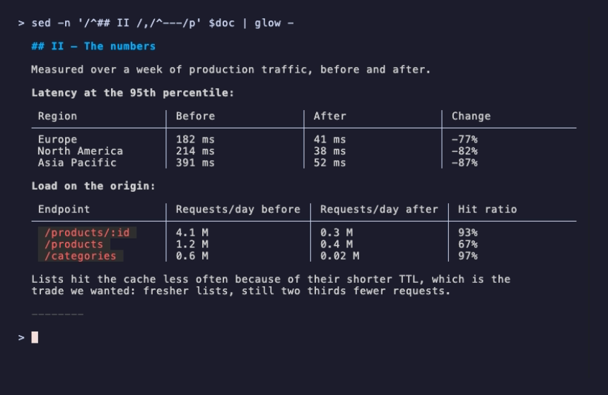 A section of a markdown file piped into glow -: a heading, two tables with column dividers, and a paragraph