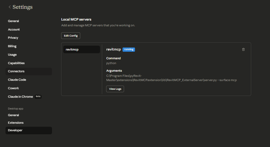 Claude Desktop Local MCP settings showing Developer selected and the revitmcp server running