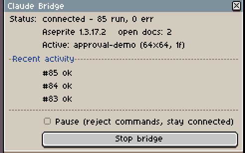 The Claude Bridge panel in Aseprite