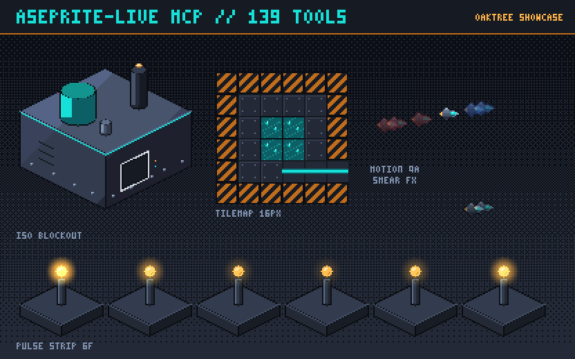 Assembled showcase sheet: iso building, tilemap, motion-QA renders, beacon pulse strip