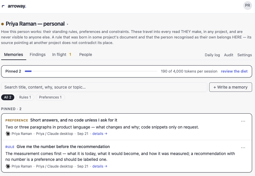 A personal space in Arroway with two pinned memories: a preference for short answers and a rule to give the number before the recommendation