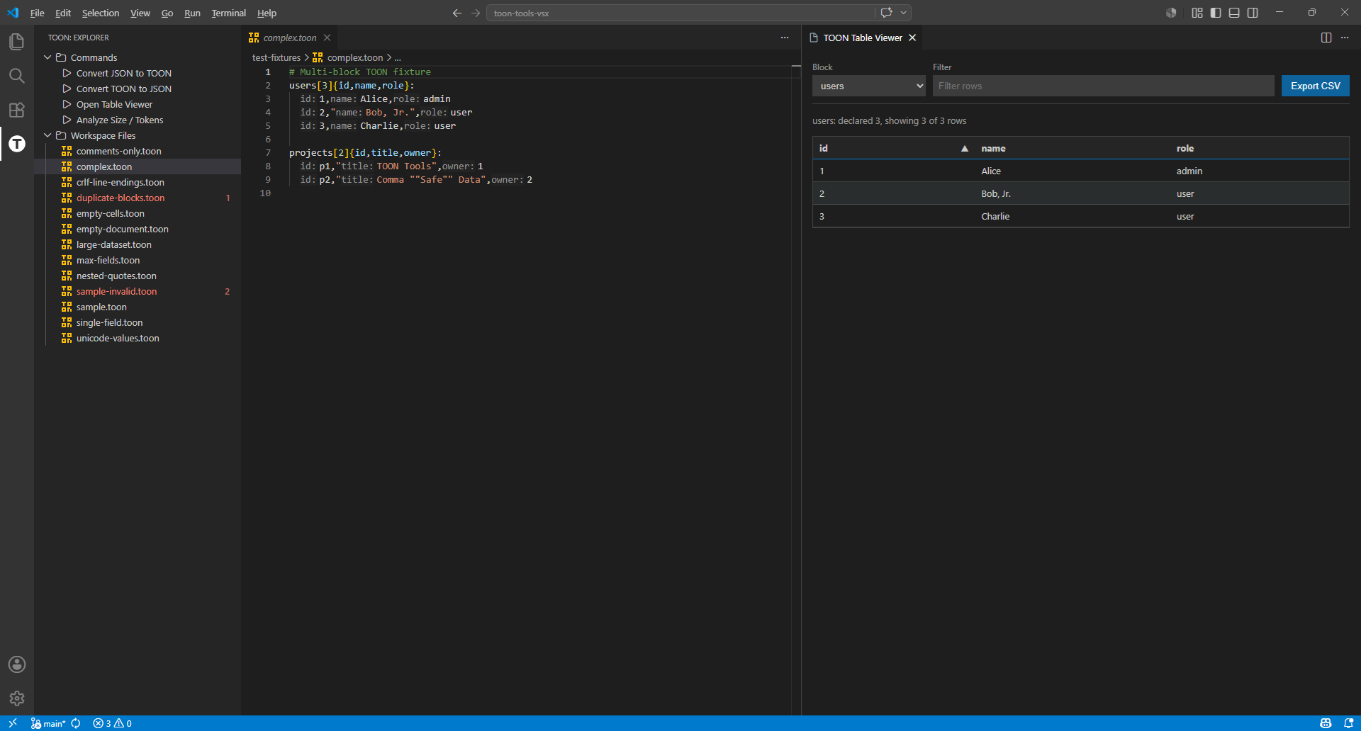 TOON editor and table preview side by side
