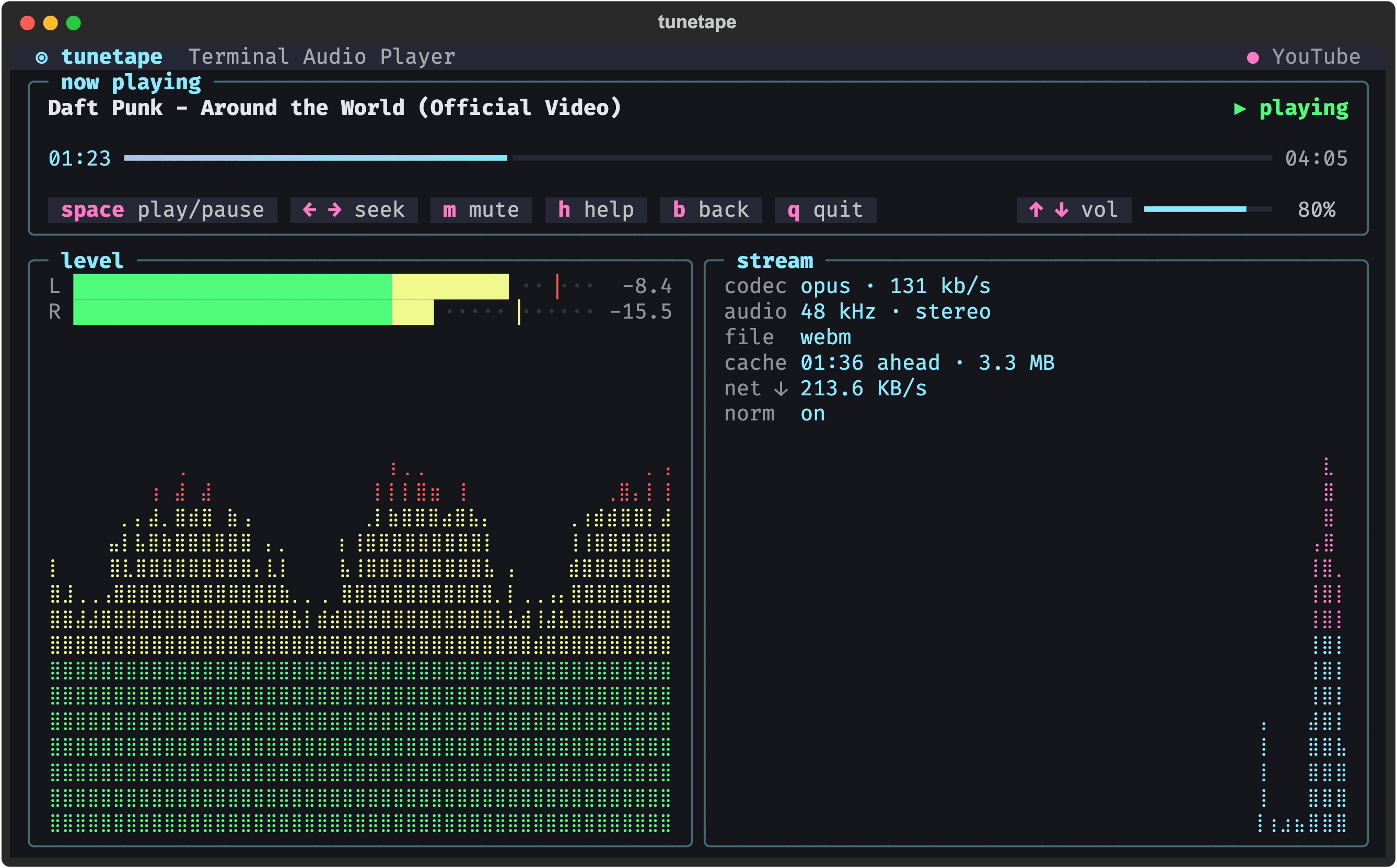 The player: now playing with a progress bar, key controls and a volume gauge, a live level meter and graph, and stream stats