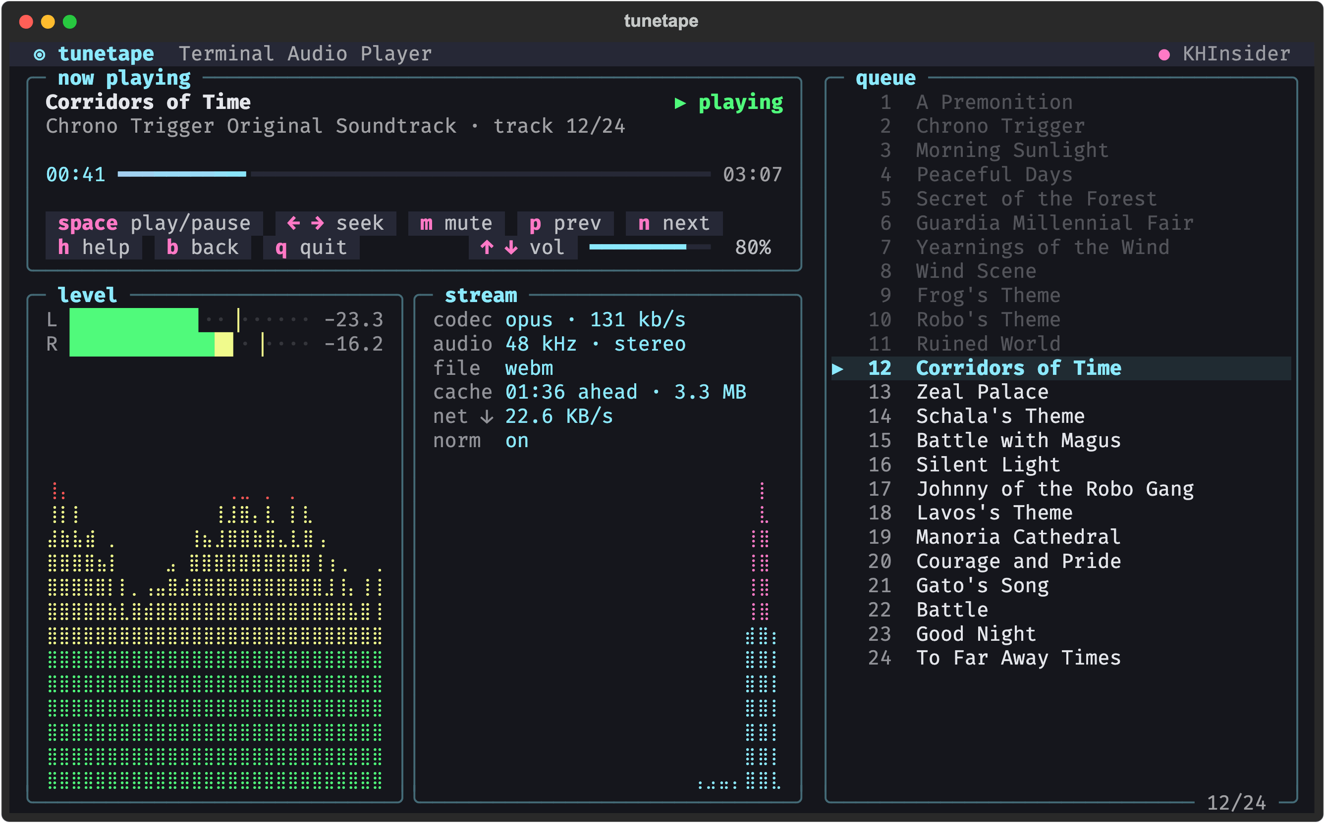 The player in playlist mode showing Track 12/24, next and prev controls, and the album's queue