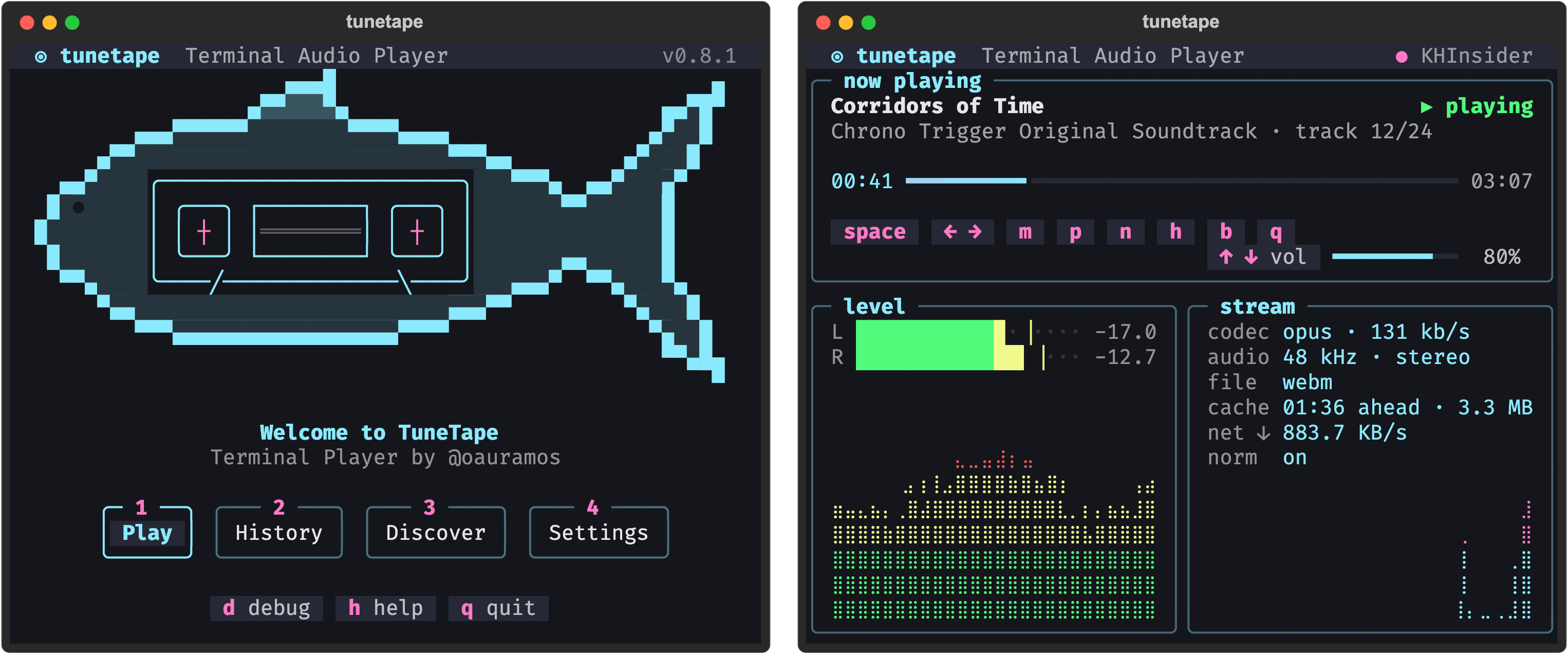 The welcome screen and the player in a 60-column terminal