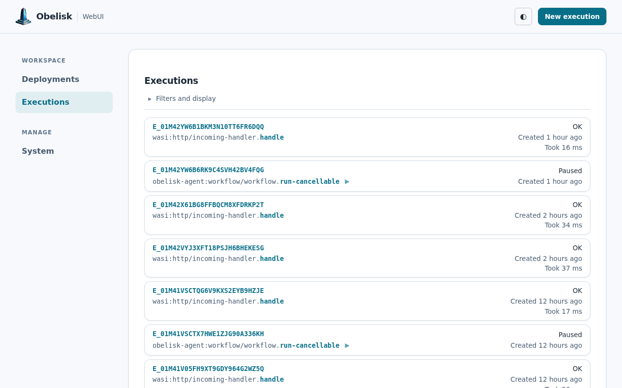 Execution list with lifecycle filters and results