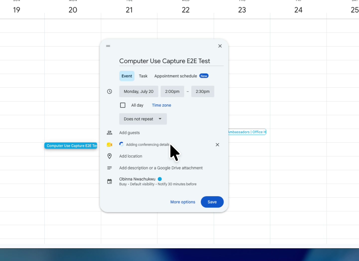Computer Use Capture recording Google Calendar
