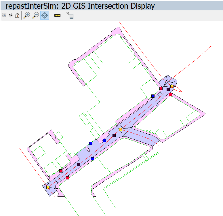 A screenshot for the model, showing pedestrians in blue and vehicles in black. Note how a pedestrian agent is crossing the road at a location outside of the 'crossings' (the two small rectangle sections of the road). This behaviour is non-compliant.