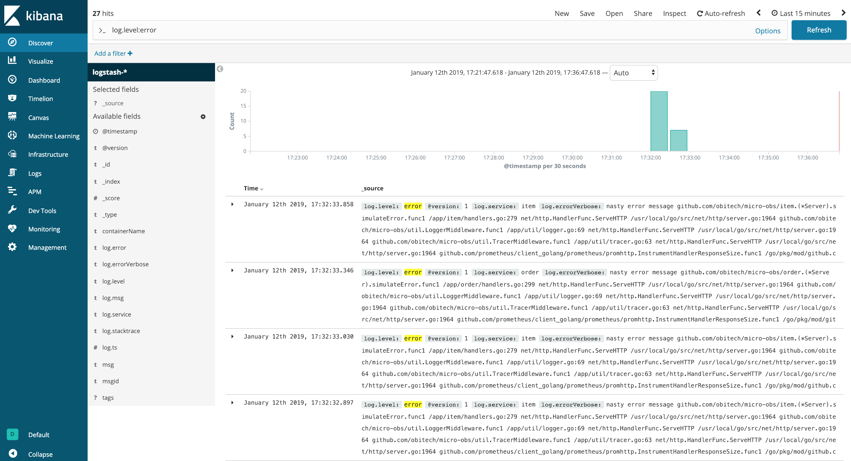 Kibana micro-obs error query