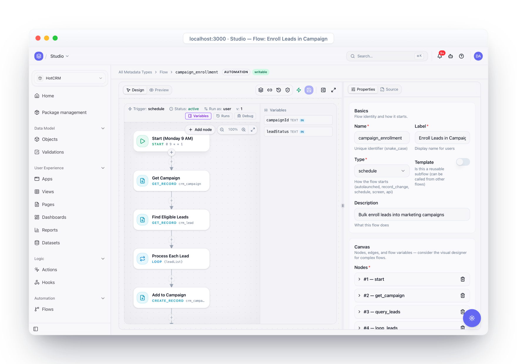 Studio flow designer showing a visual DAG that enrolls leads into a campaign