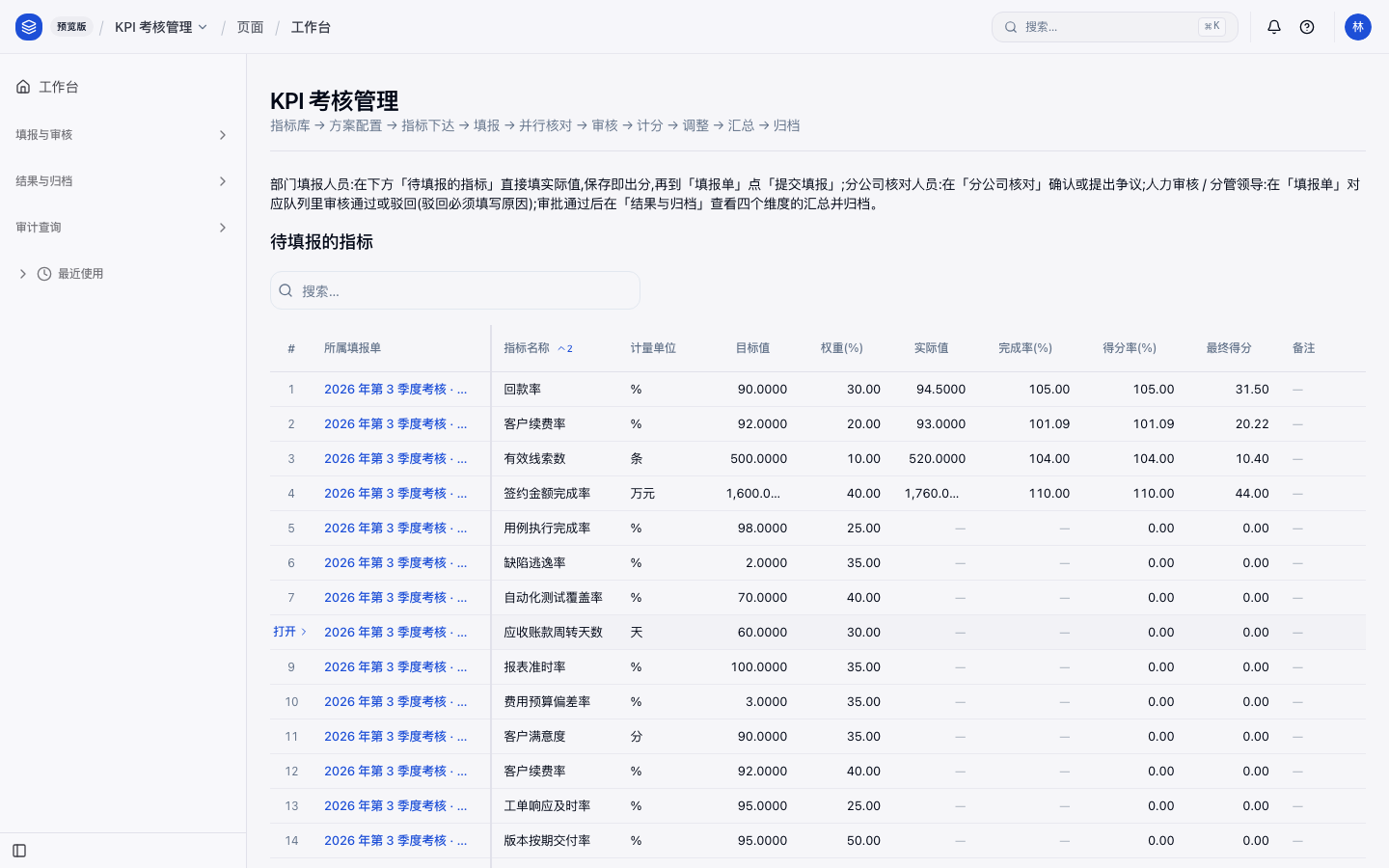 核对人员工作台无可编辑填报格