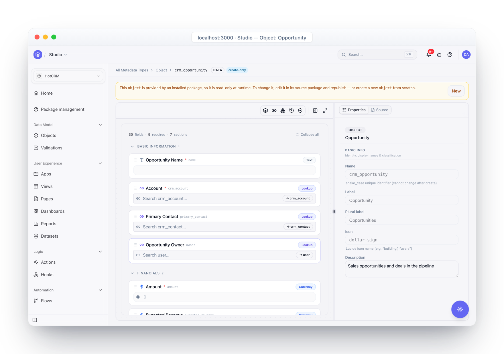 Studio object designer showing the Opportunity object's typed fields, lookups, and layout sections
