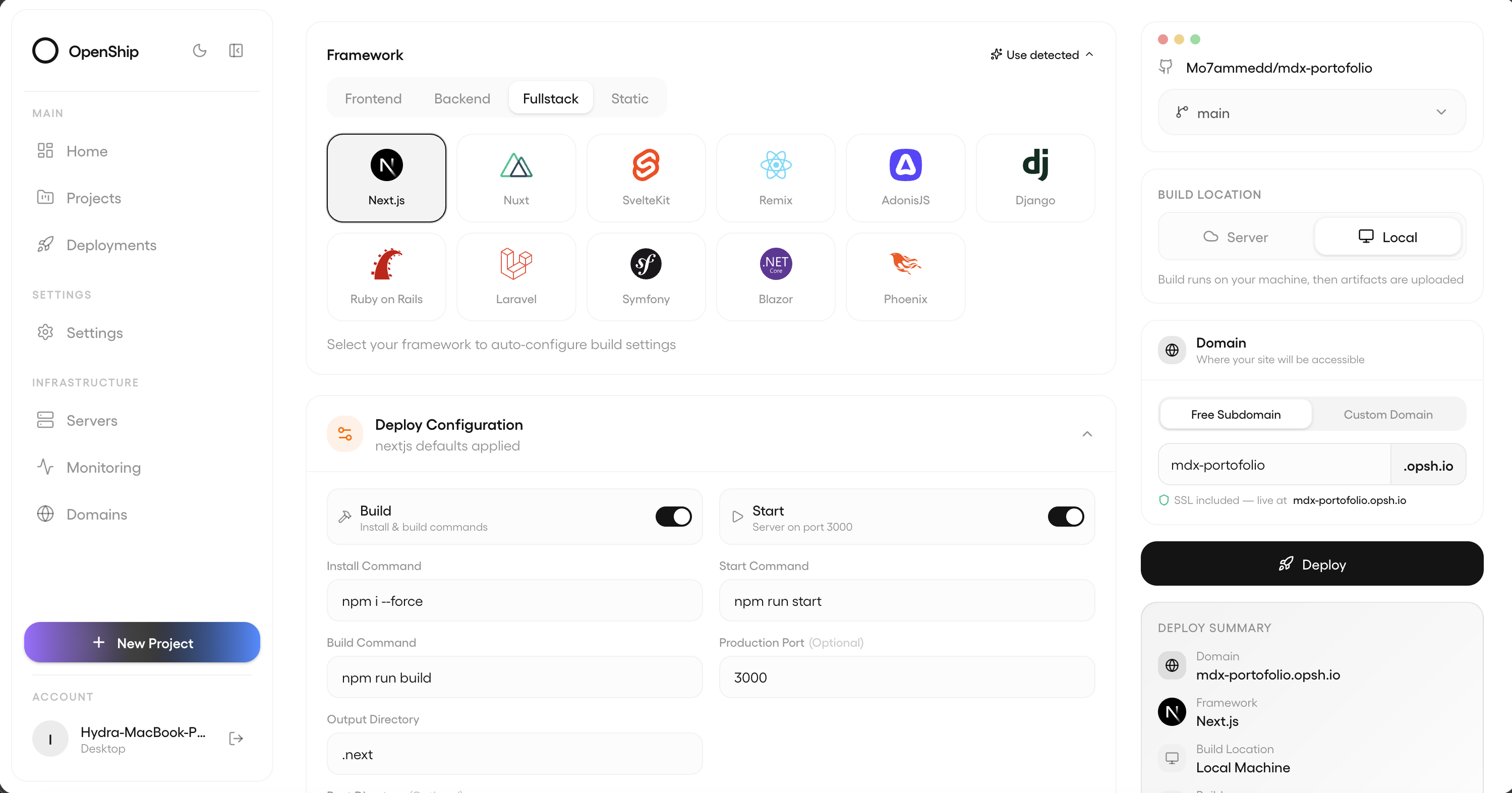 Openship 대시보드의 설치·프레임워크 선택 및 배포 설정 화면을 캡처한 스크린샷이다.