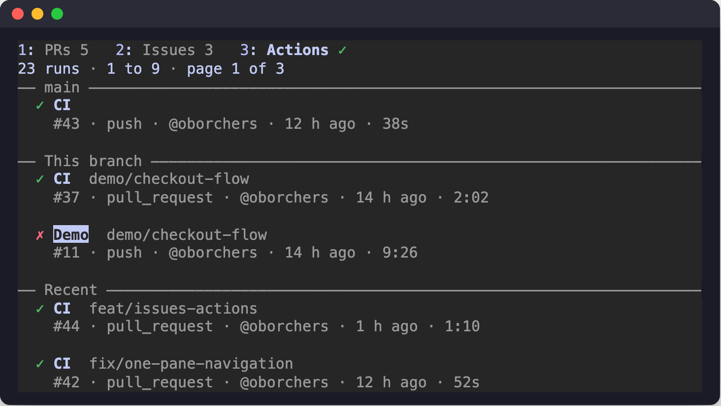 The Actions tab: workflow runs in groups, two lines each with state symbol, workflow name, branch, run number, event, actor, age and duration
