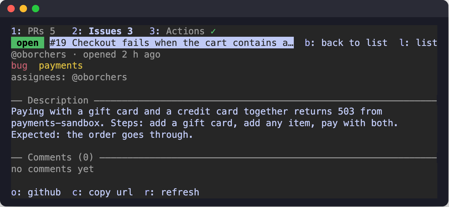 The detail of an issue: state badge, labels, assignees, milestone, linked pull requests, description and the latest comments