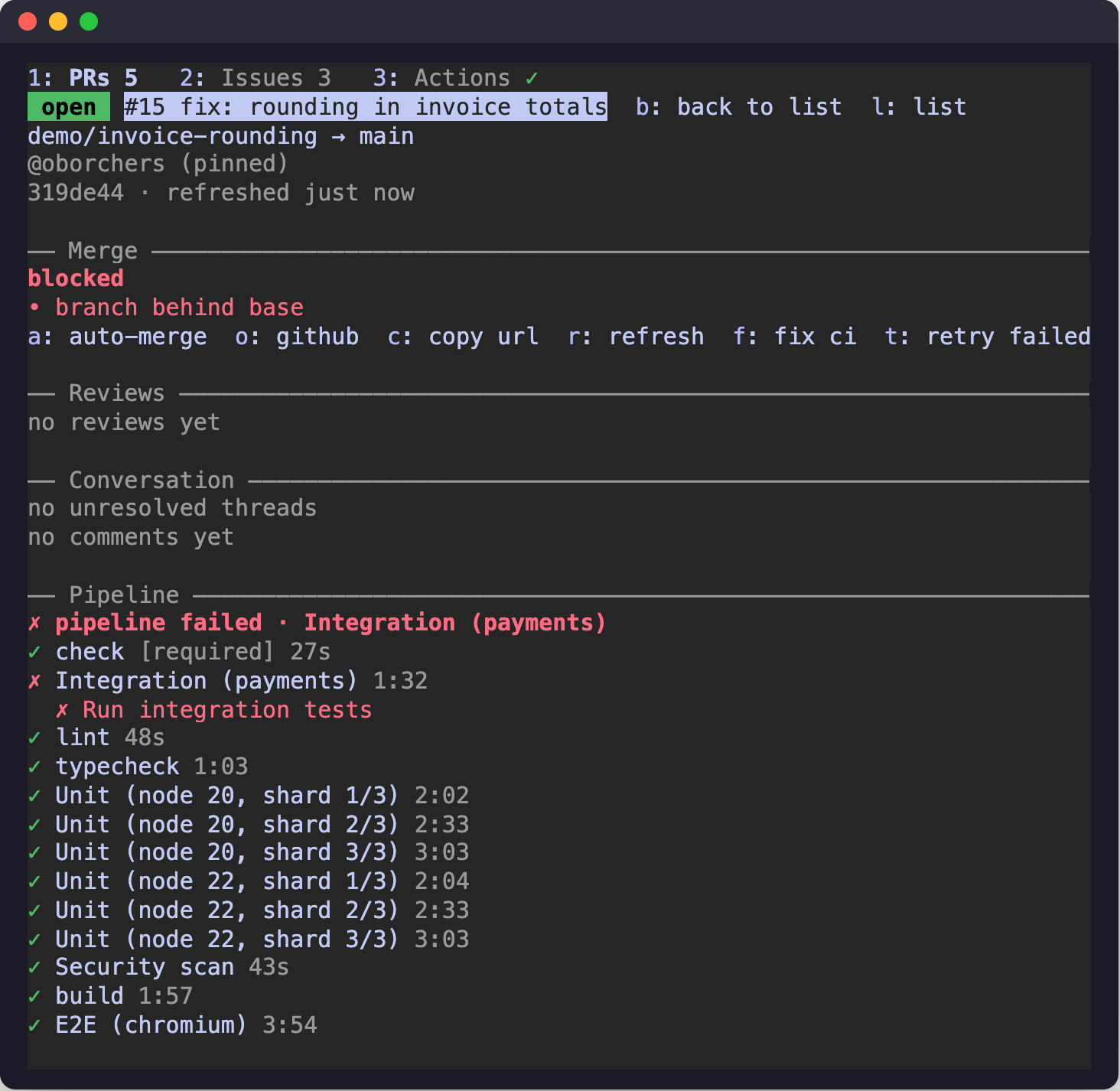 The detail pane showing a pull request picked from the list, with a back key in its header