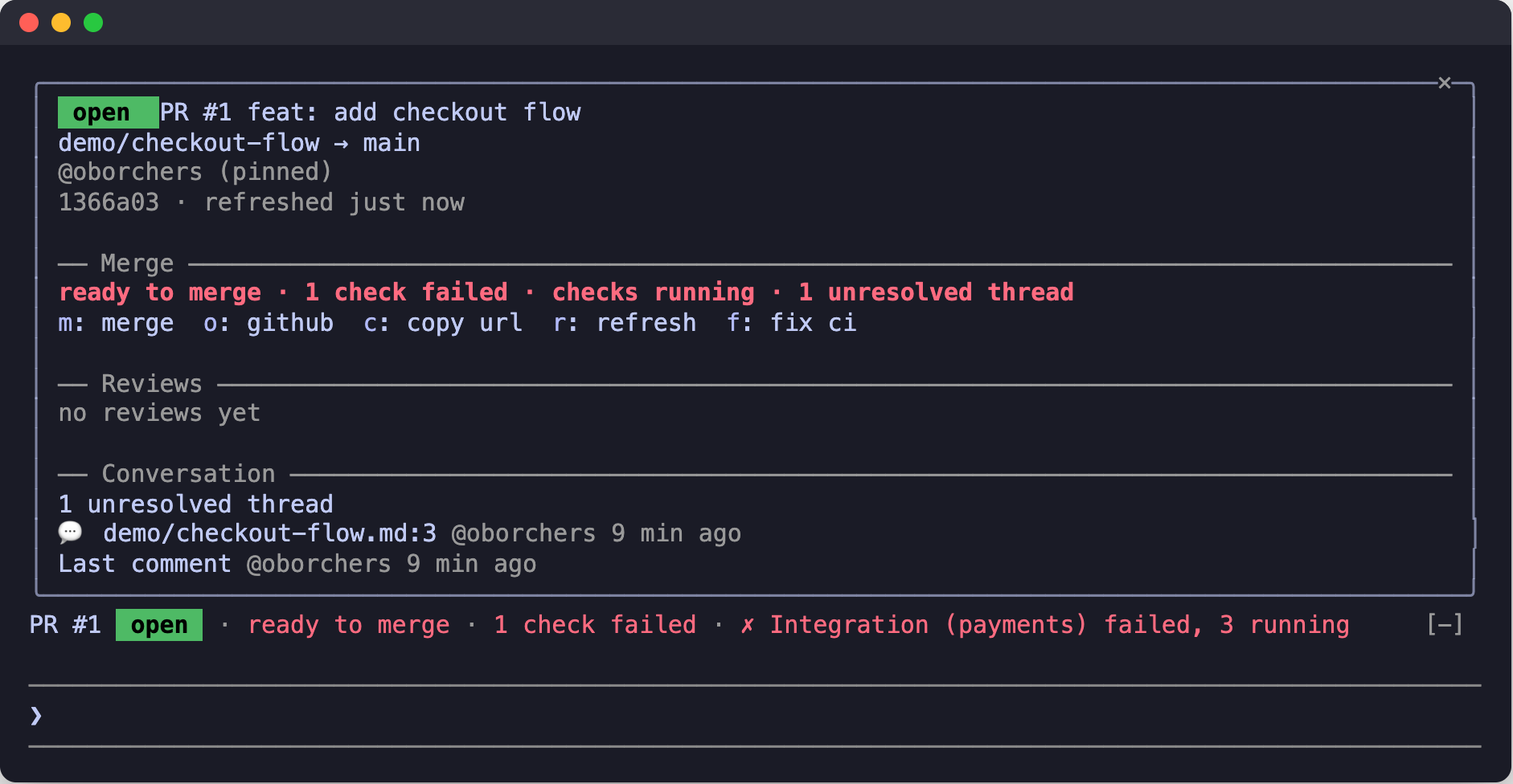The detail pane opened inline above the prompt in a narrow terminal