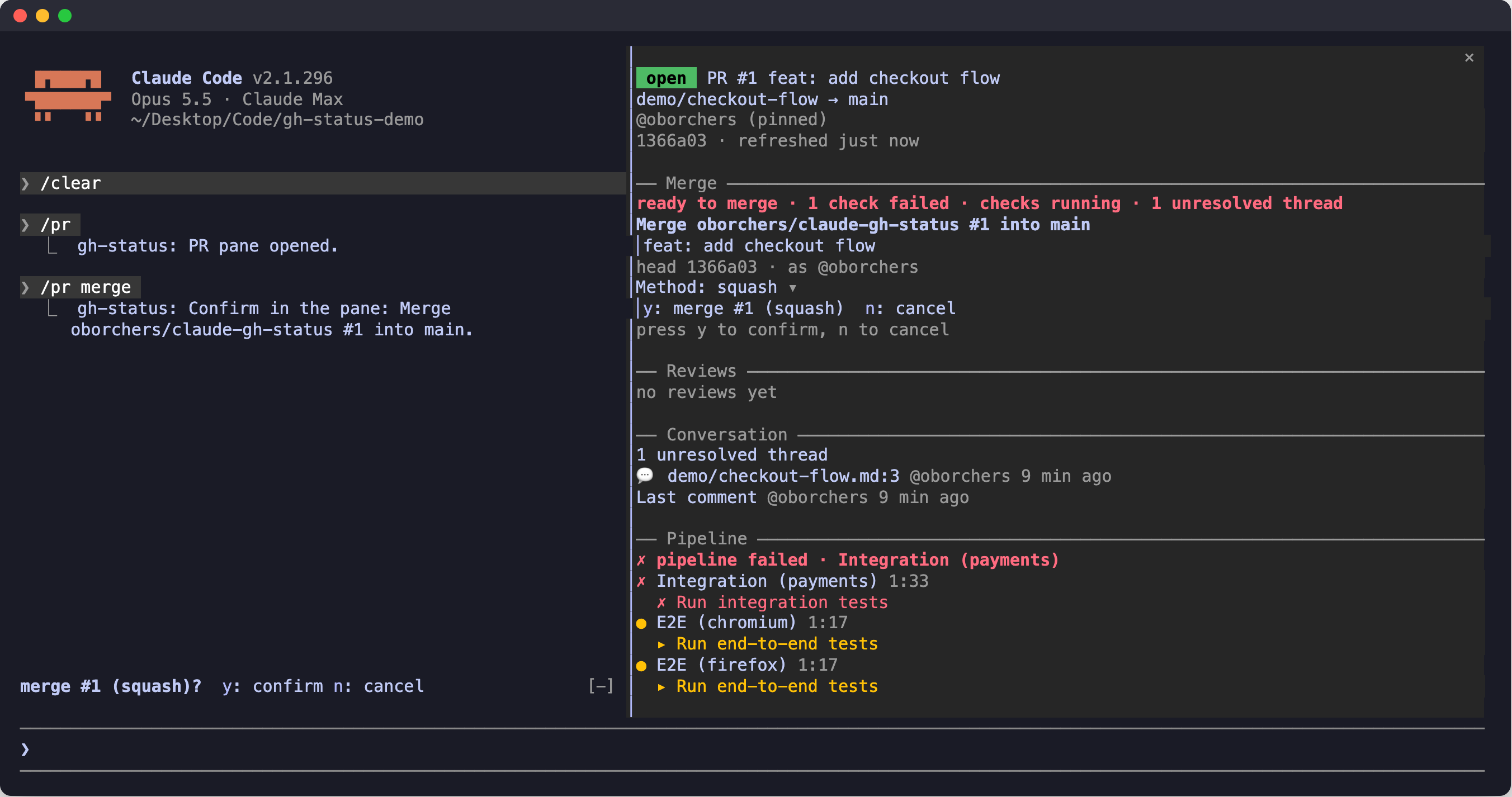 The merge confirmation in the pane's Merge section and in the band, with a merge method selector