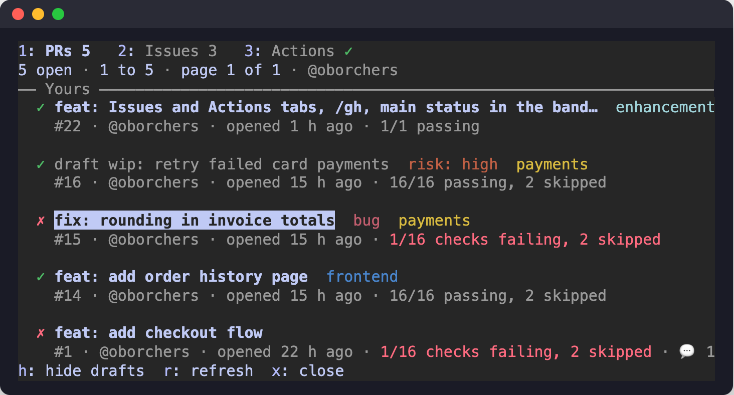 The list pane: the repository's open pull requests in groups, two lines each with status symbol, title, labels, number, author, age, checks, review state and comments