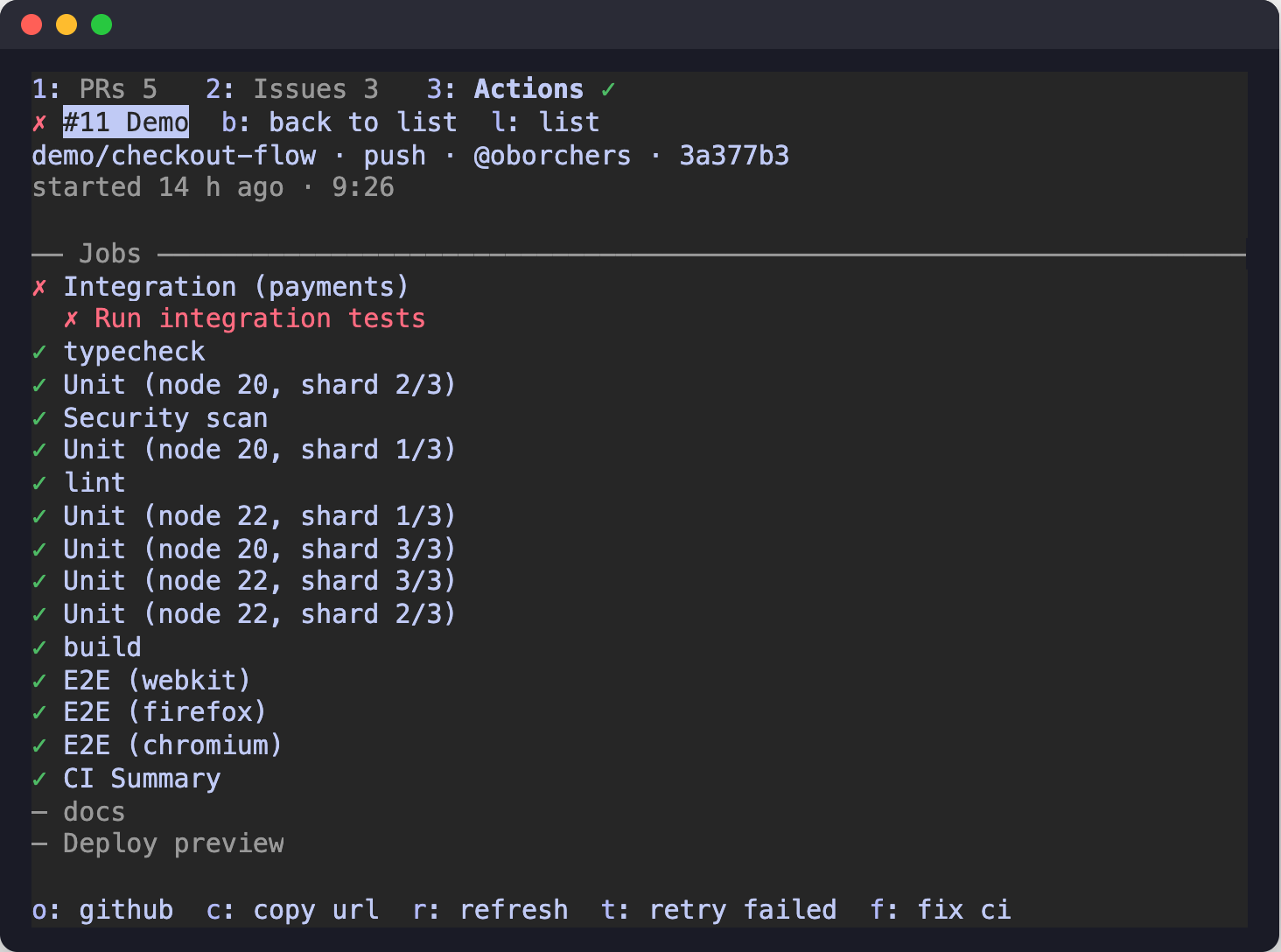 The detail of a workflow run: state, branch, event, actor and commit, timing and the jobs with their running or failed step