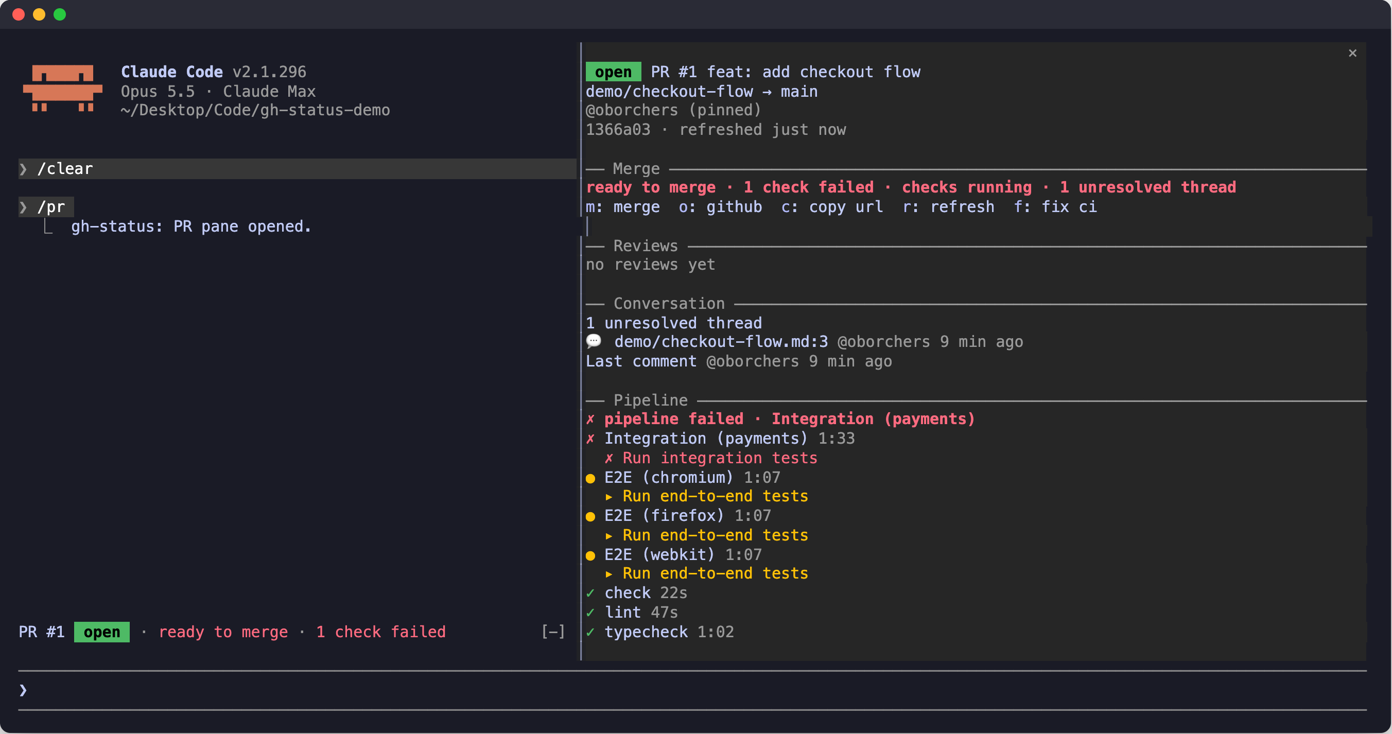gh-status in Claude Code: a one-line band above the prompt and a detail pane showing the merge verdict, reviews, open threads and the live pipeline