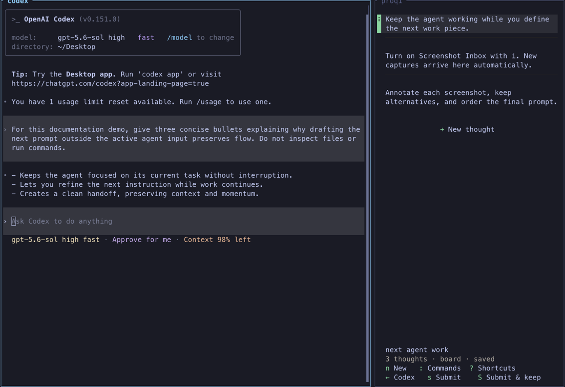 A Herdr workspace with Codex working beside a Proqi board of prepared prompt thoughts
