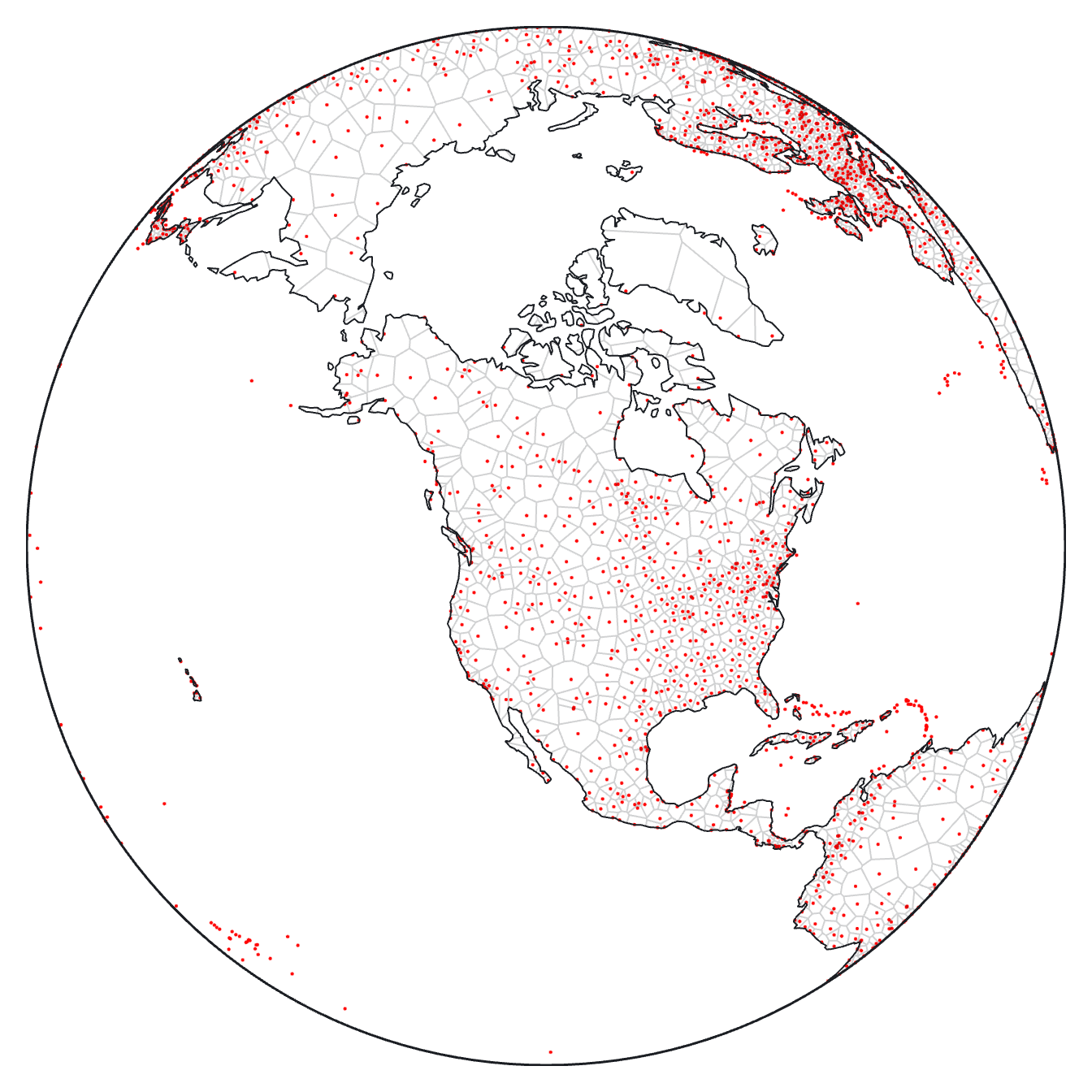 a map of world airports with a Voronoi mesh clipped to land