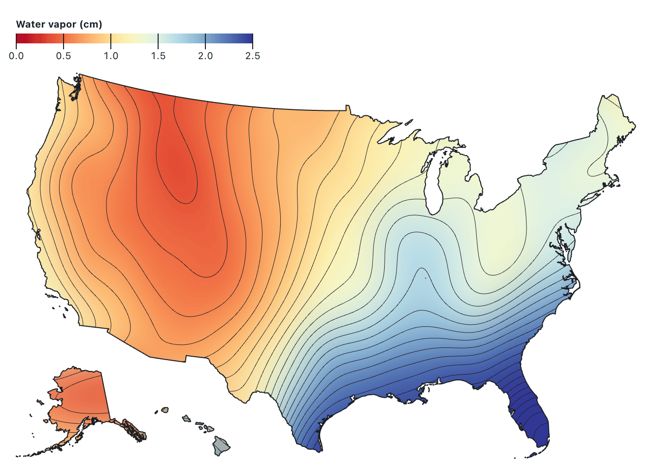 a map of water vapor measurements in the United States