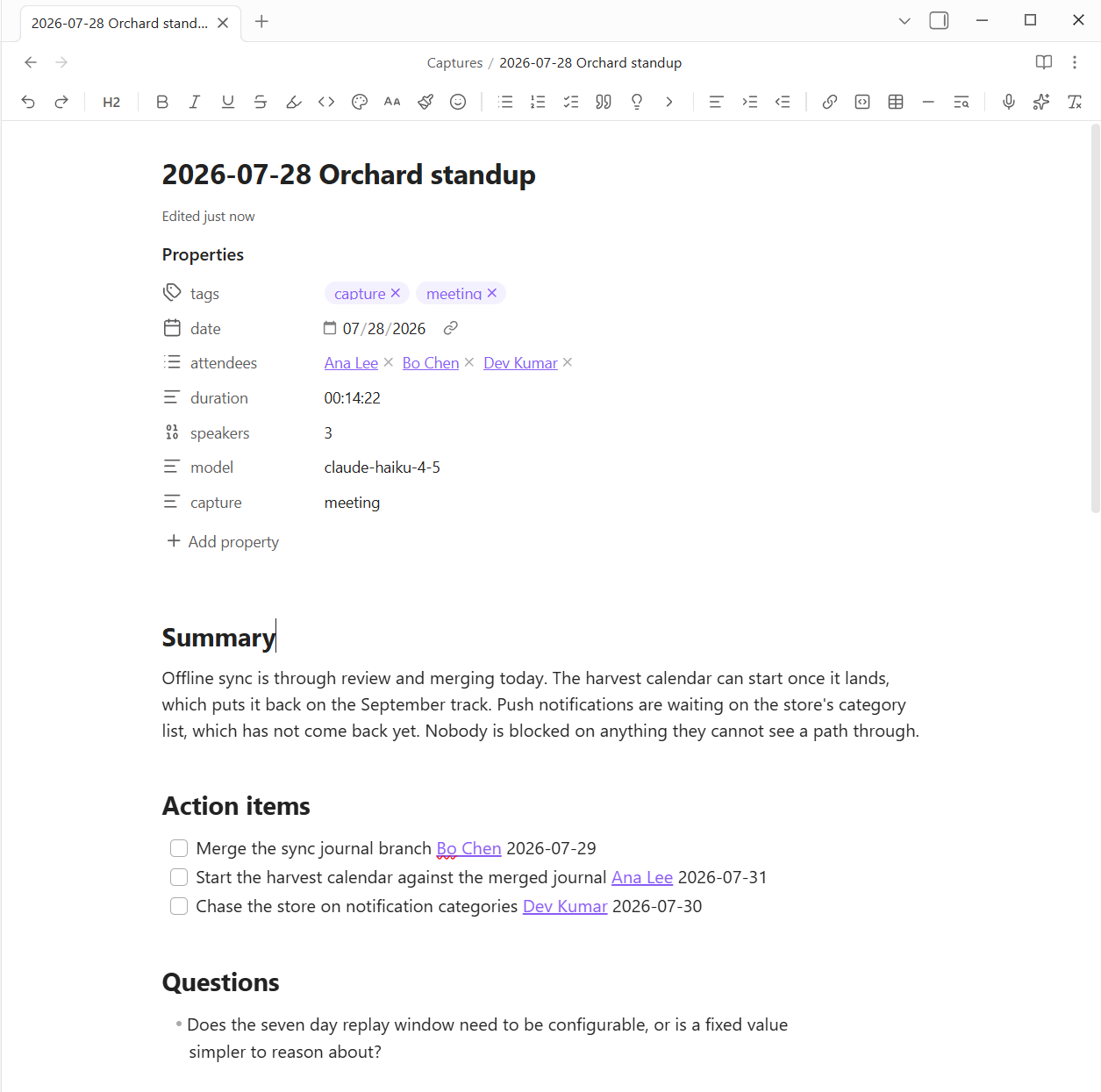 A captured meeting note: properties carrying attendees, duration, speaker count and model, then an AI written summary, action items with an owner and a due date each, and open questions