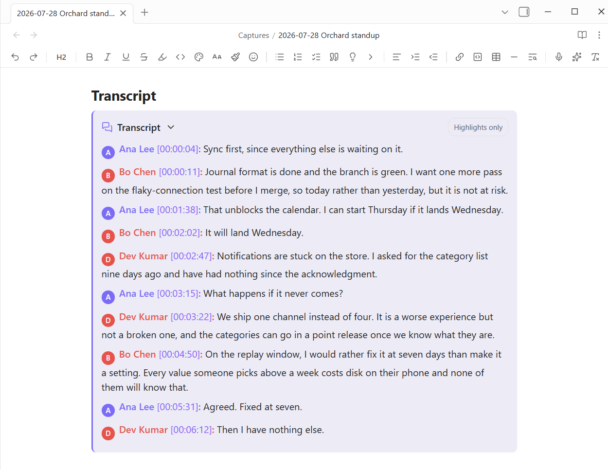 A transcript callout with each turn led by a colored avatar carrying the speaker's initial, their real name, and a clickable timestamp, plus a Highlights only toggle in the callout header