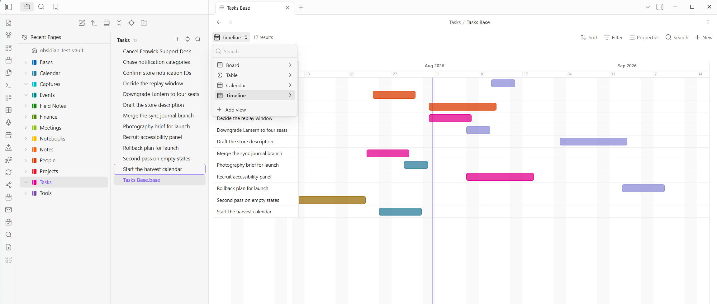 Power Bases screenshot — A Gantt-style timeline of twelve tasks, each drawn as a bar from its start to its end date and colored by status, with the view switcher open showing board, table, calendar and timeline