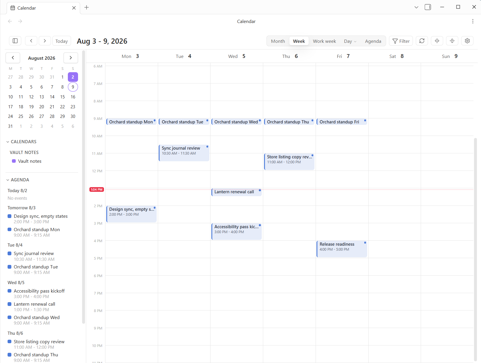 A week view of a calendar with a recurring morning standup Monday through Friday, several timed meetings, a month picker and an agenda rail down the left side, and view switchers for month, week, work week, day and agenda