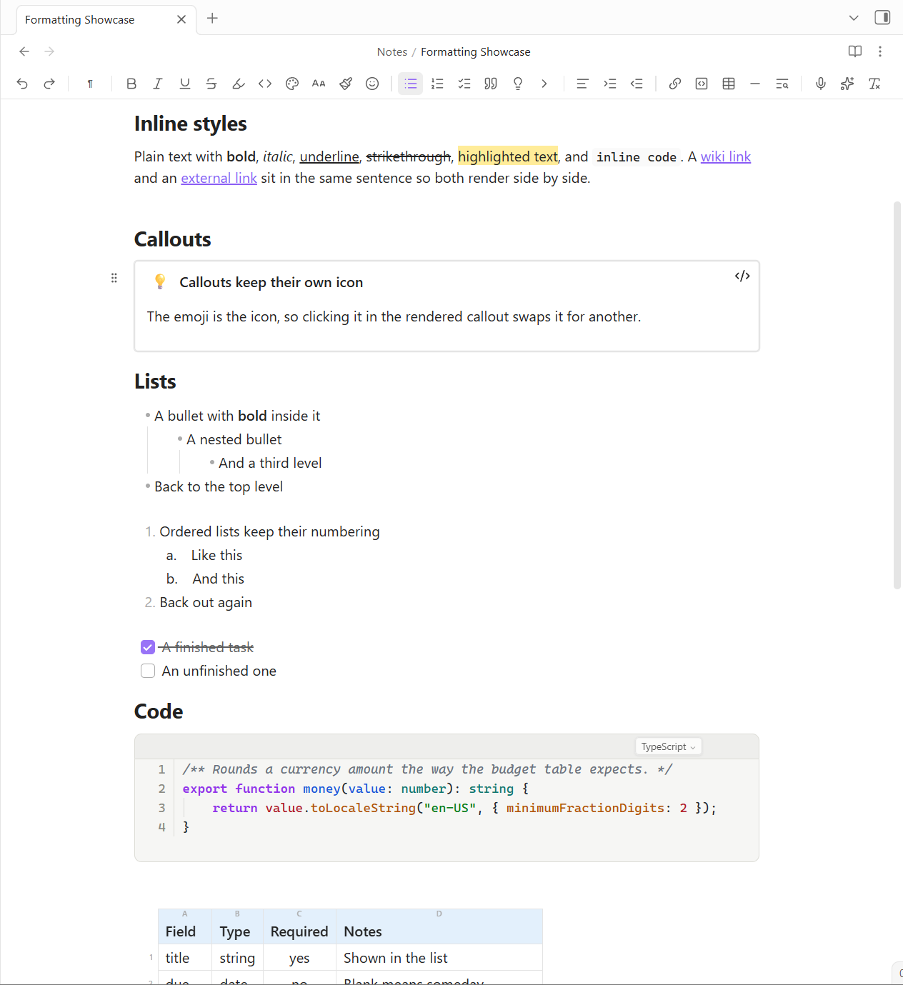 A note in editing view with the formatting toolbar across the top, a rendered callout with a drag handle beside it, nested and numbered lists, checkboxes, and a syntax-highlighted TypeScript block with line numbers