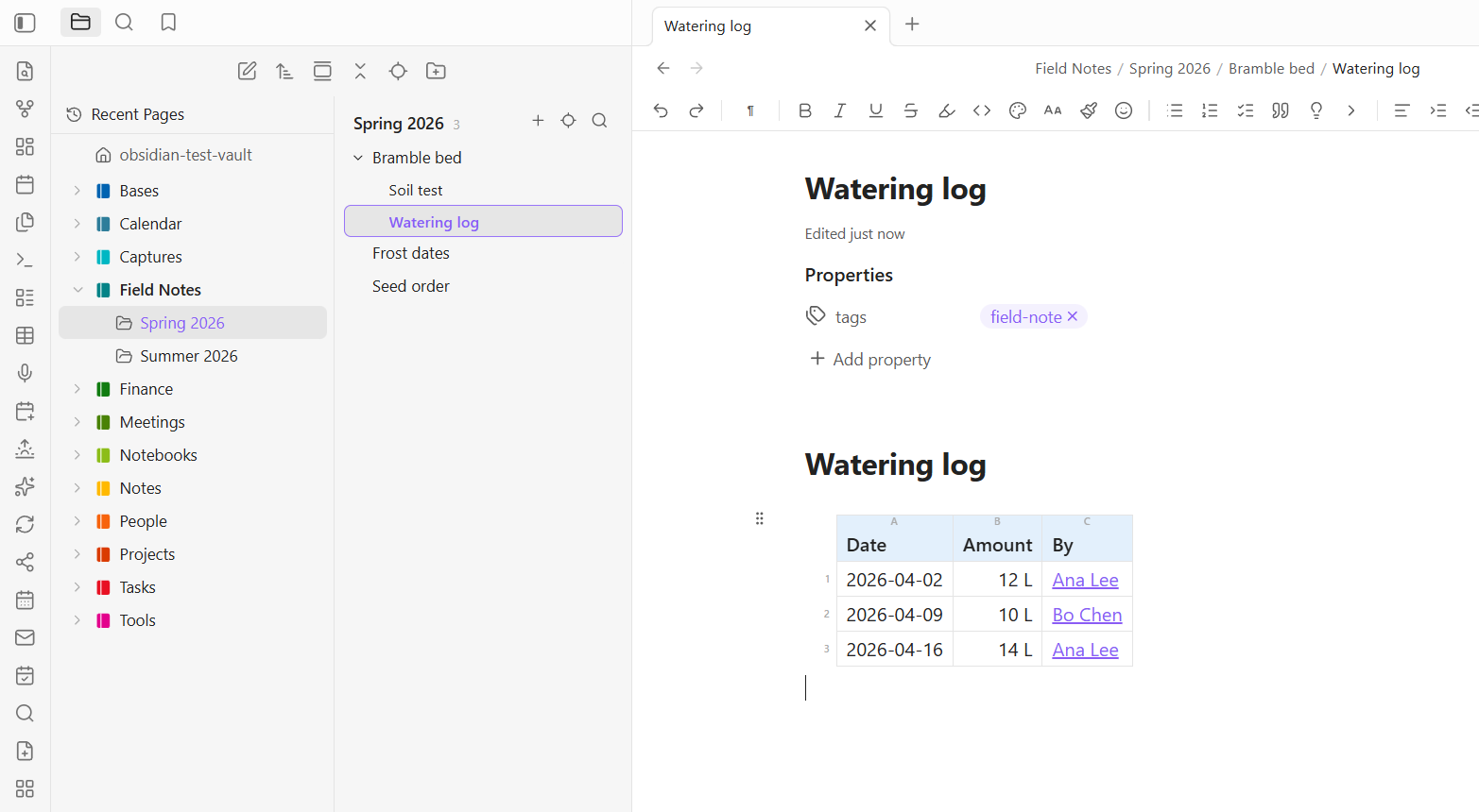 The notebook tree on the left with colored notebooks, a section pane in the middle listing its pages, and a page group expanded to show two indented subpages