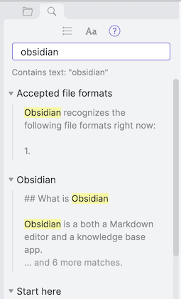 Obsidian desktop app showing the Search pane with a query and matching notes