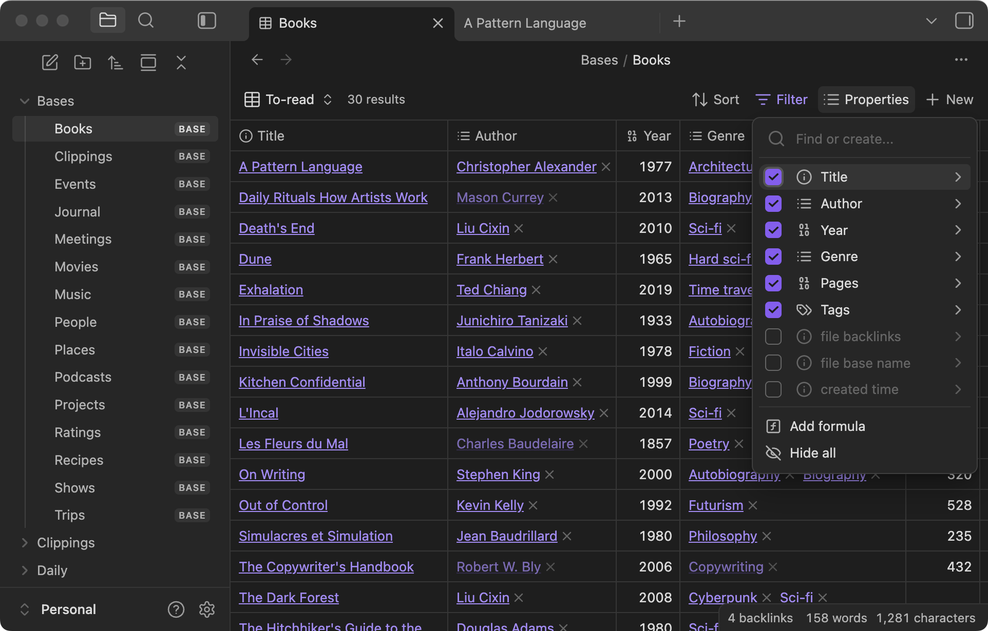 Obsidian desktop app displaying a dark-themed Bases table of notes with property columns