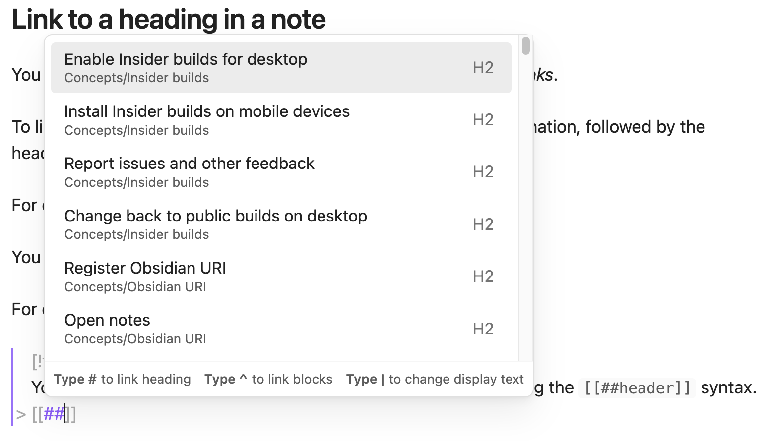 Obsidian editor displaying internal link suggestions for headings in a vault