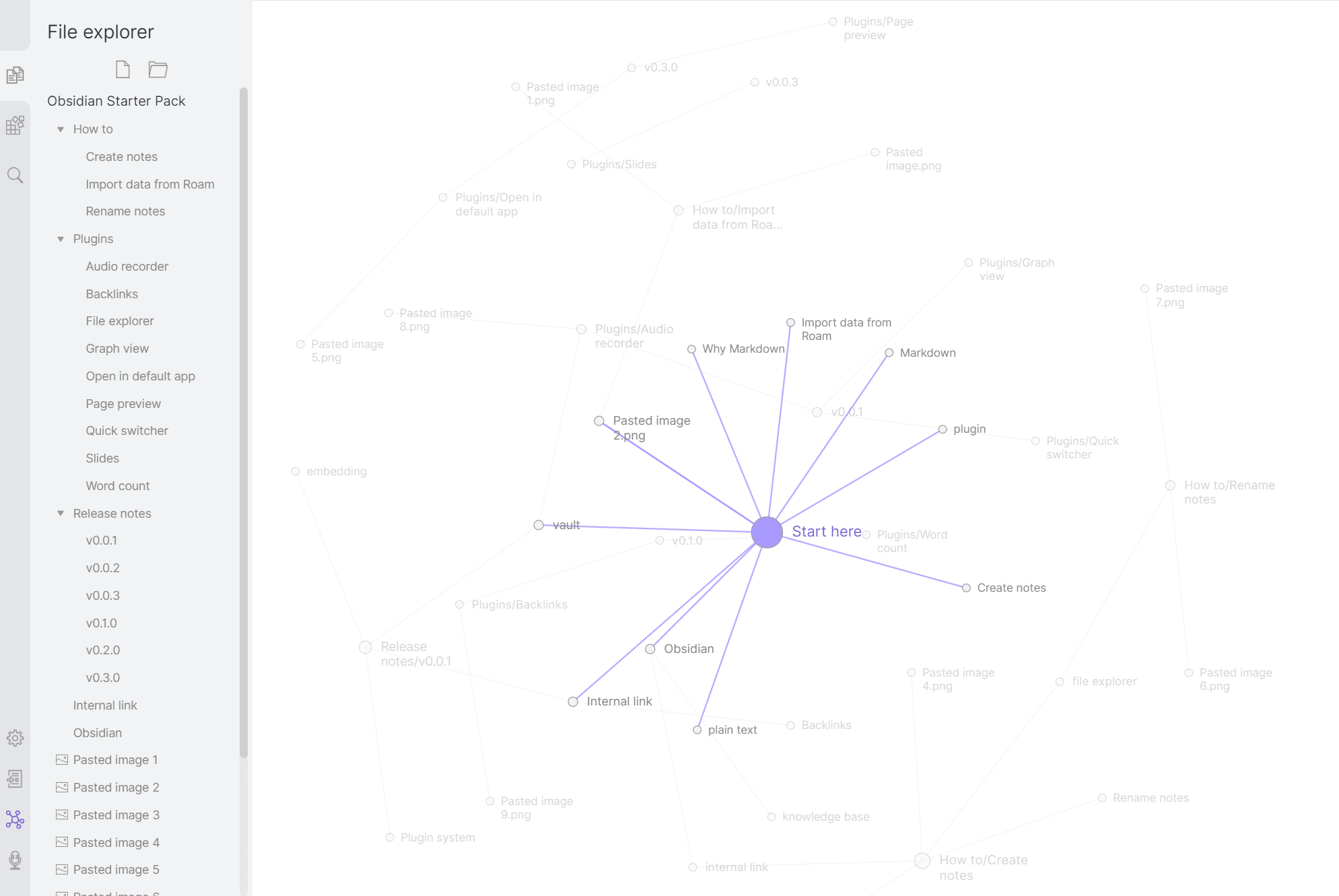 Obsidian desktop app showing a graph of interconnected vault notes
