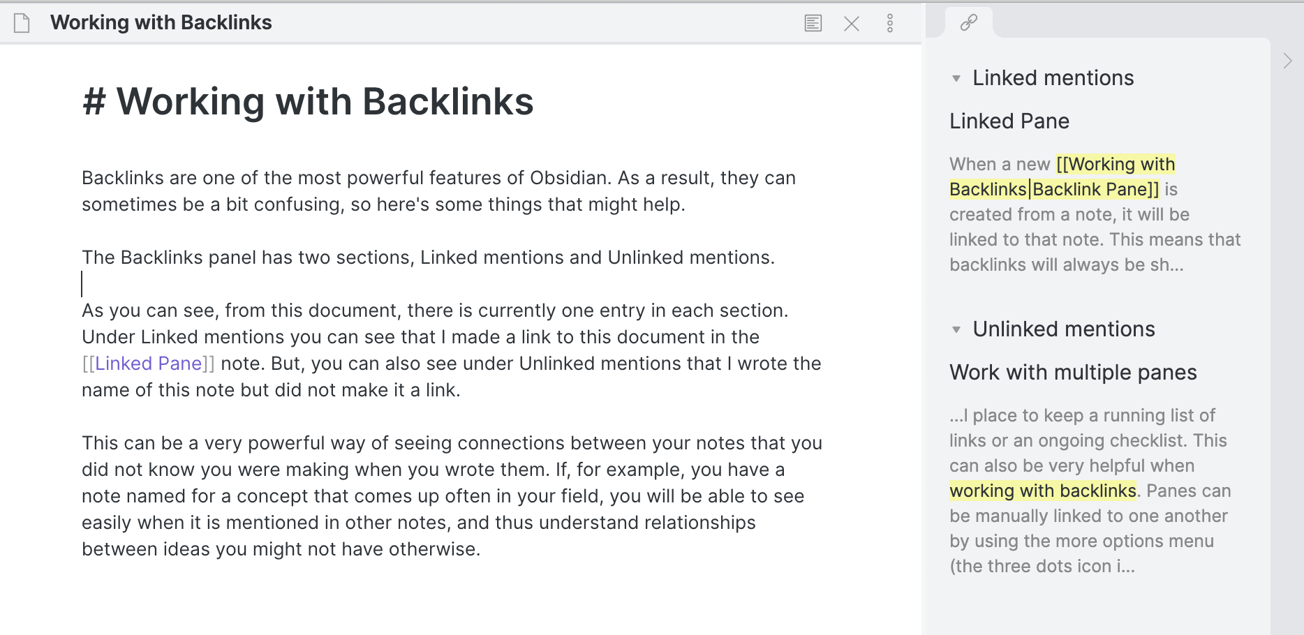 An Obsidian note on the left. The right-hand panel lists Linked mentions and Unlinked mentions of the note.