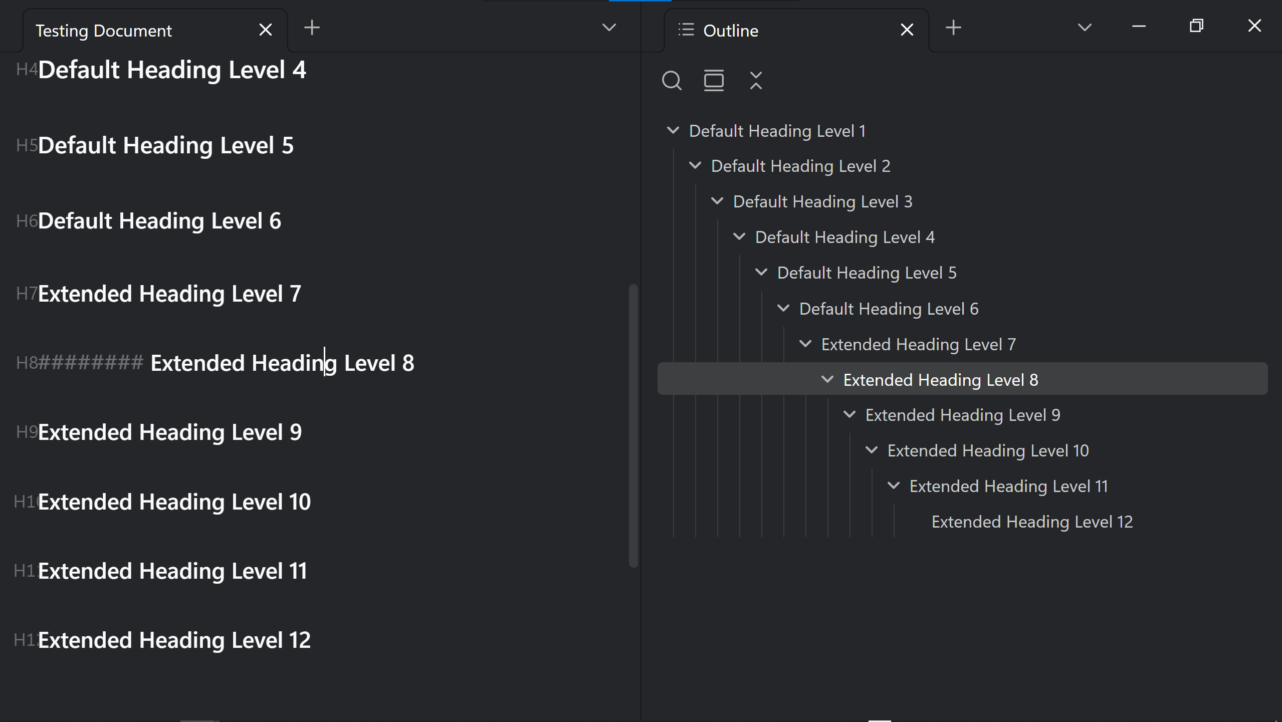 Extended headings H7 through H12 in Live Preview, with H9 active and the remaining levels inactive