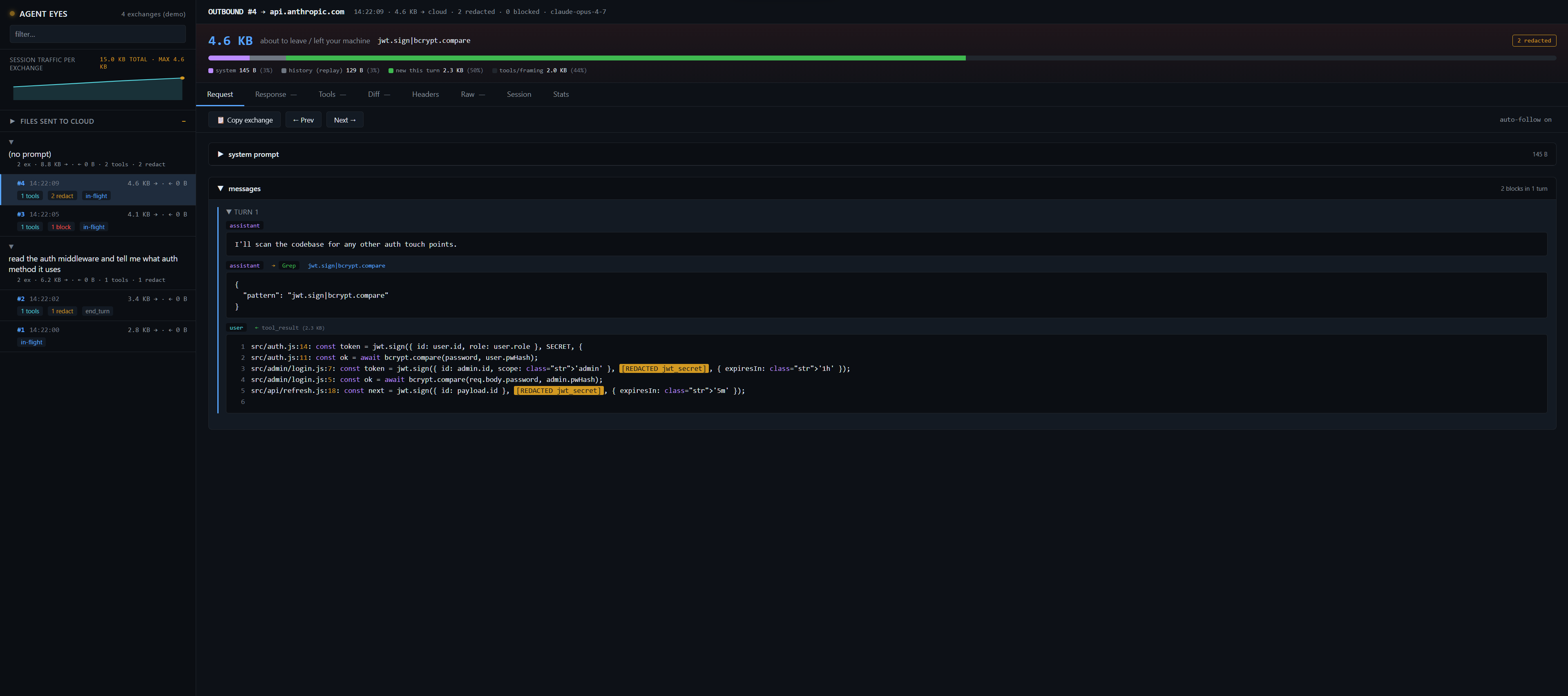occasio eyes — live browser view of an outbound exchange, with redacted secrets highlighted in the tool result