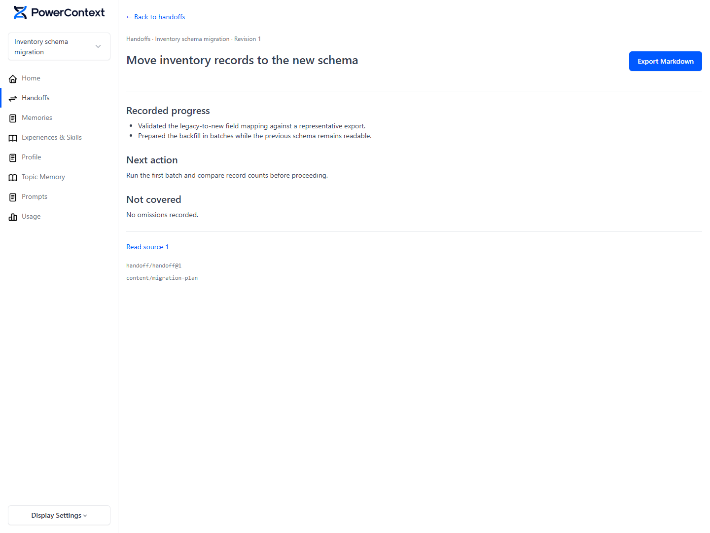 Dashboard showing a committed Handoff Revision with recorded progress, next action, and linked source evidence