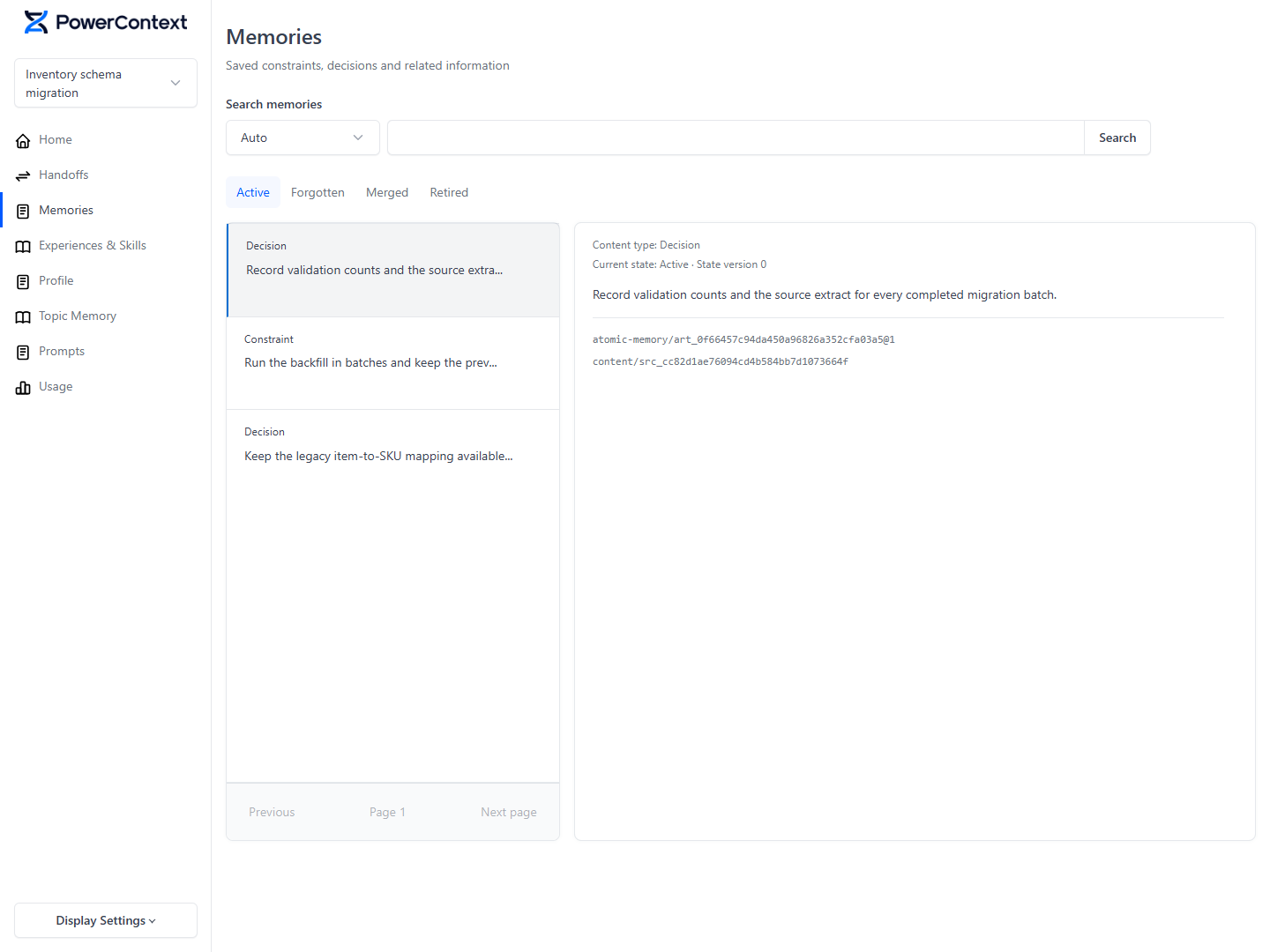 Dashboard showing active decisions and constraints for one Scope with their Artifact and Source references