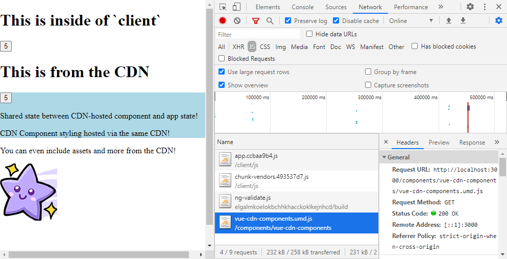 A screenshot of the app running with hosted components from a "CDN"