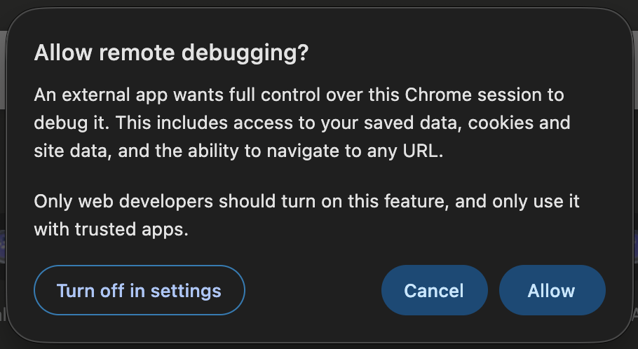 Chrome remote debugging approval dialog