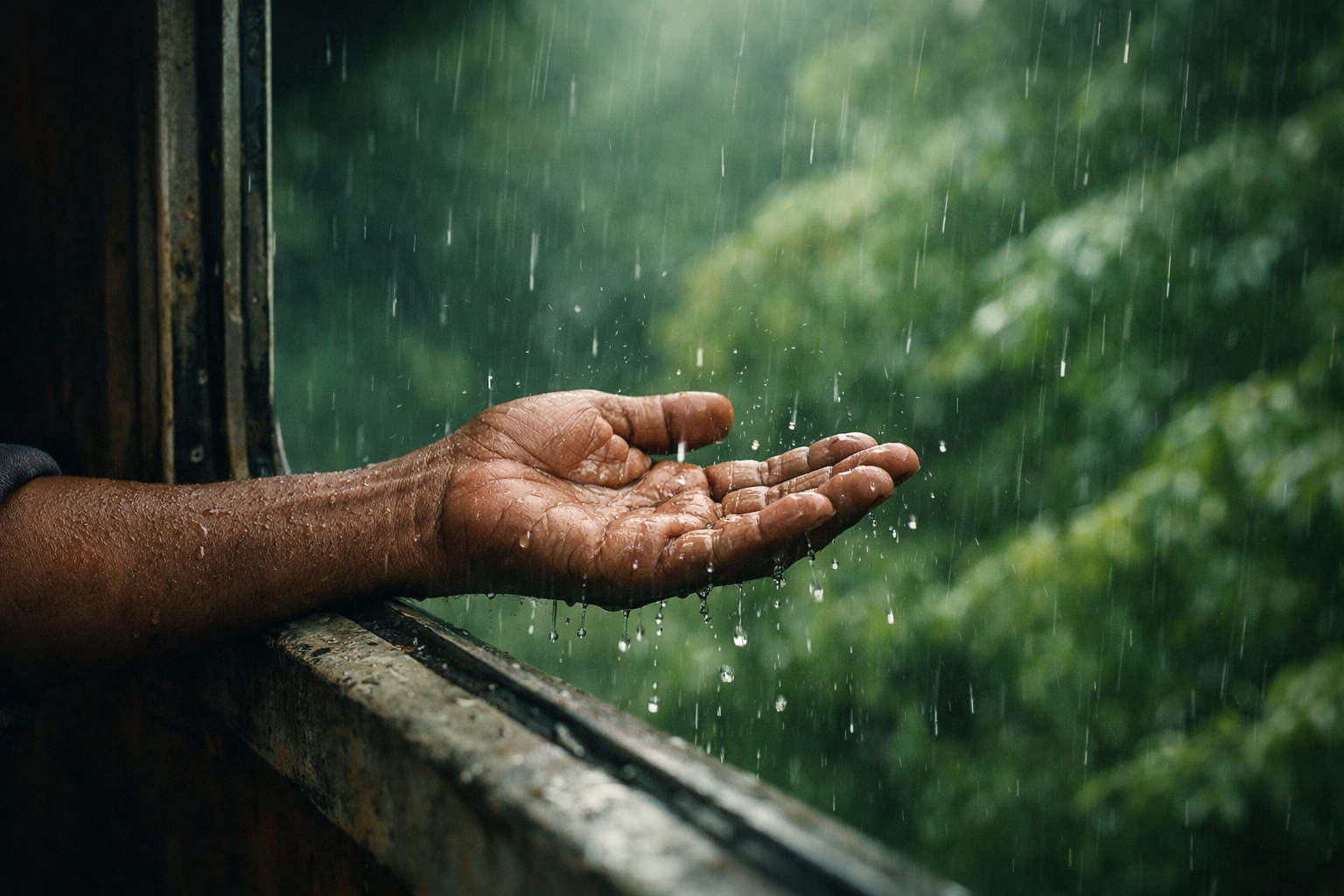 Hand in rain — open curiosity